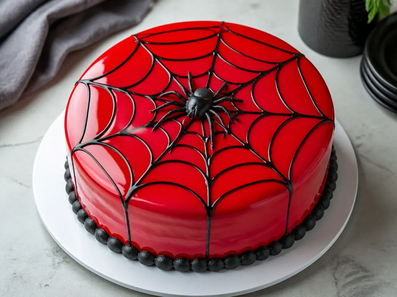 Creative red mirror glaze spiderman cake design with swirled black web