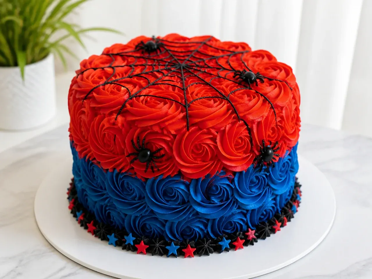 Charming rosette spiderman cake idea in red and blue buttercream with tiny spider accents