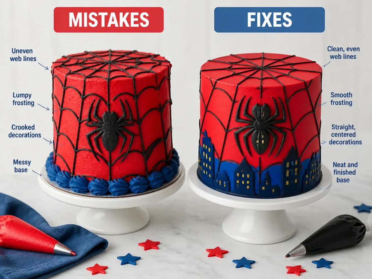 Side by side comparison of common spiderman cake decorating mistakes and fixes