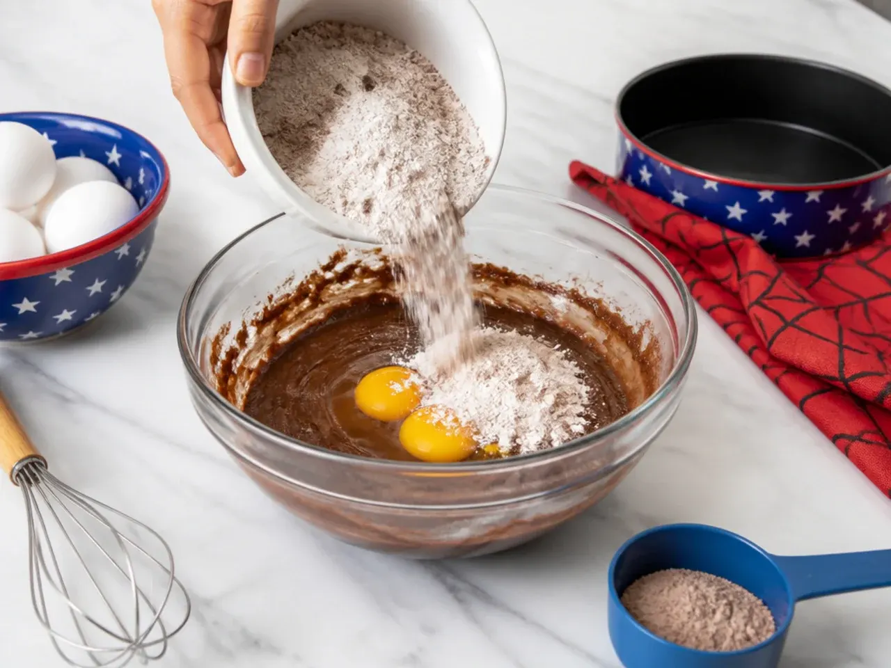 spiderman cake for boys — step 3: add eggs and dry ingredients