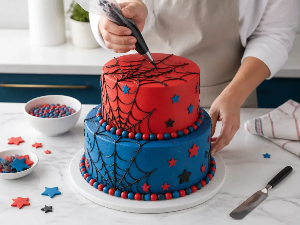 spiderman cake for boys — step 7: stack, coat and decorate