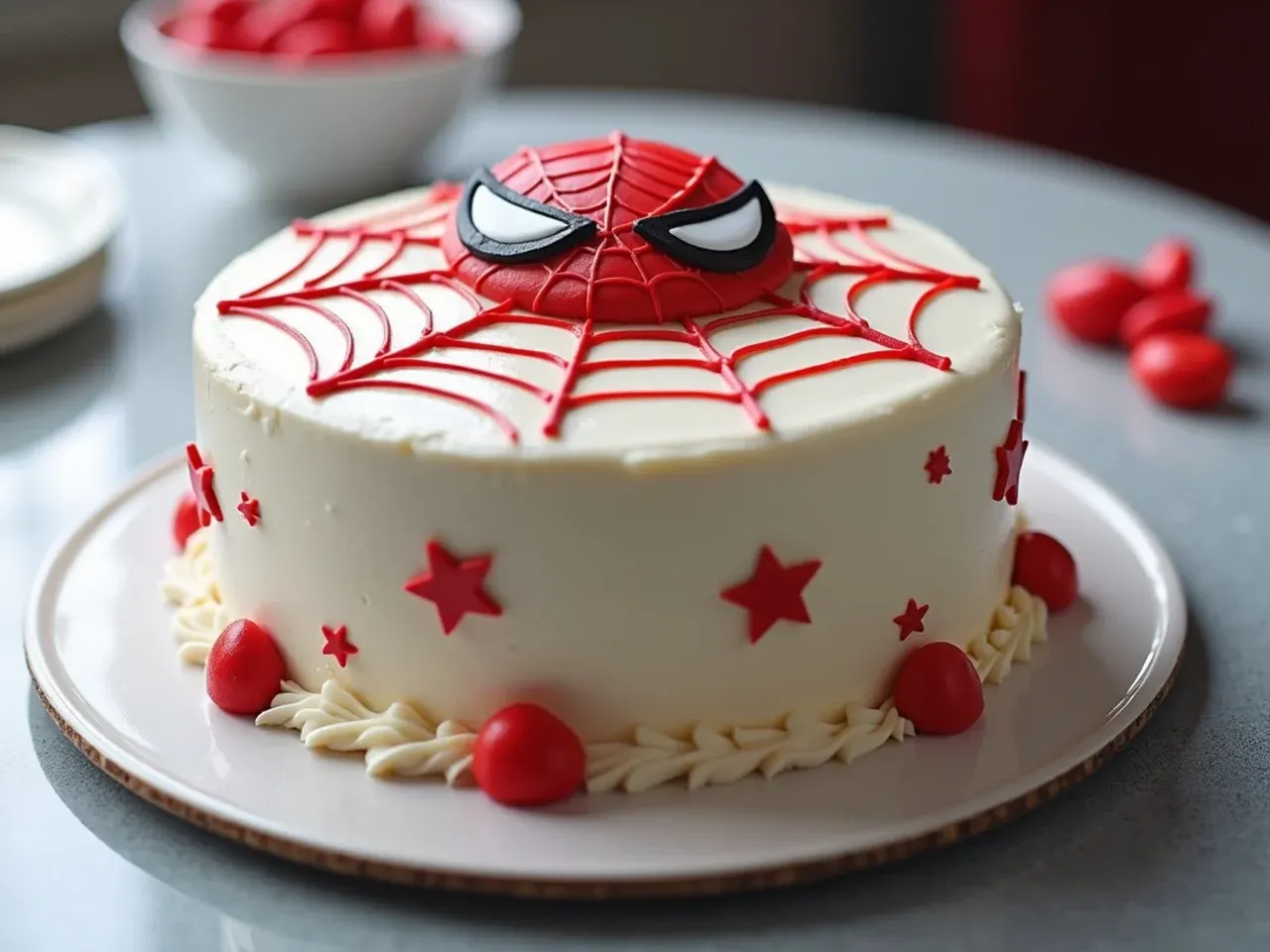 Elegant Spiderman cake for boys with a single red fondant half-mask silhouette on white buttercream