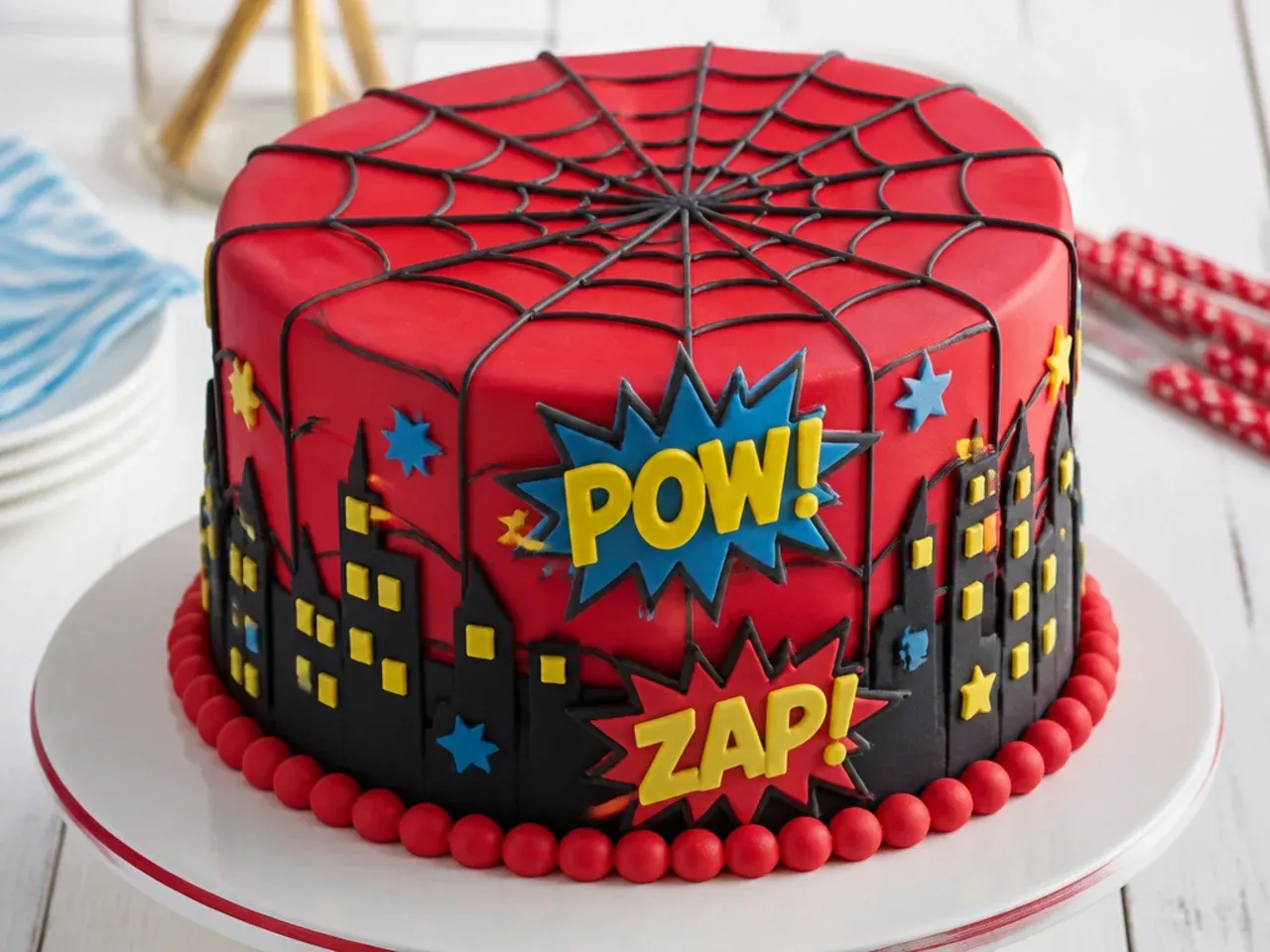 Playful comic-book style Spiderman cake for boys with POW and ZAP fondant word splats