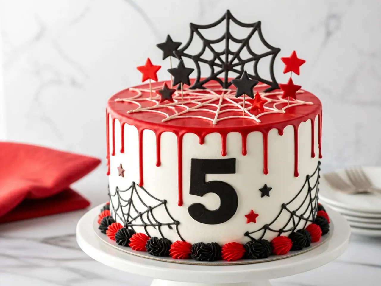 Modern red drip Spiderman cake for boys with white buttercream and red ganache drips