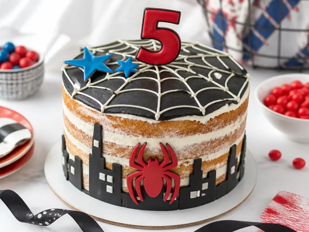 Rustic semi-naked Spiderman cake for boys with exposed sponge sides and a black web top
