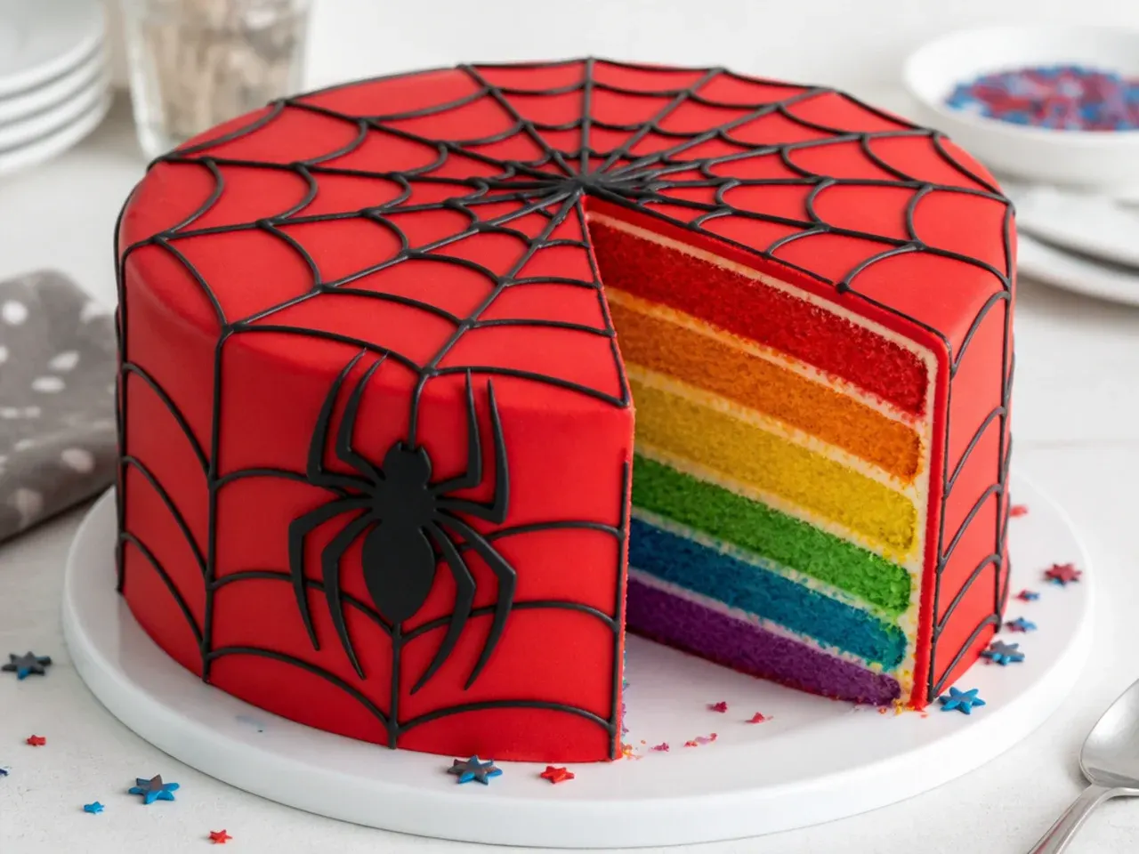 Colorful Spiderman cake for boys with rainbow sponge layers hidden inside a red web exterior