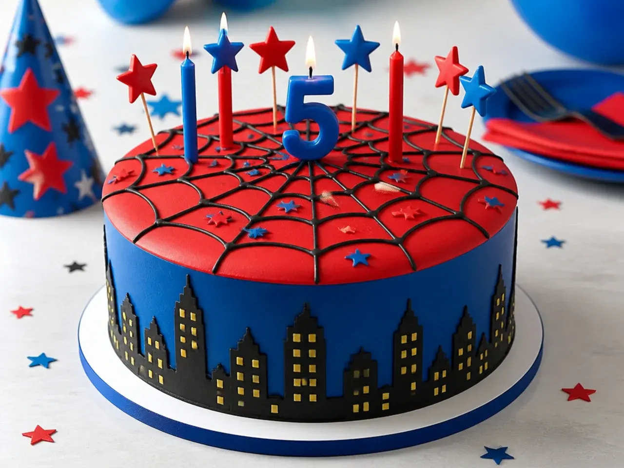 Festive Spiderman cake for boys topped with red and blue edible stars and candles