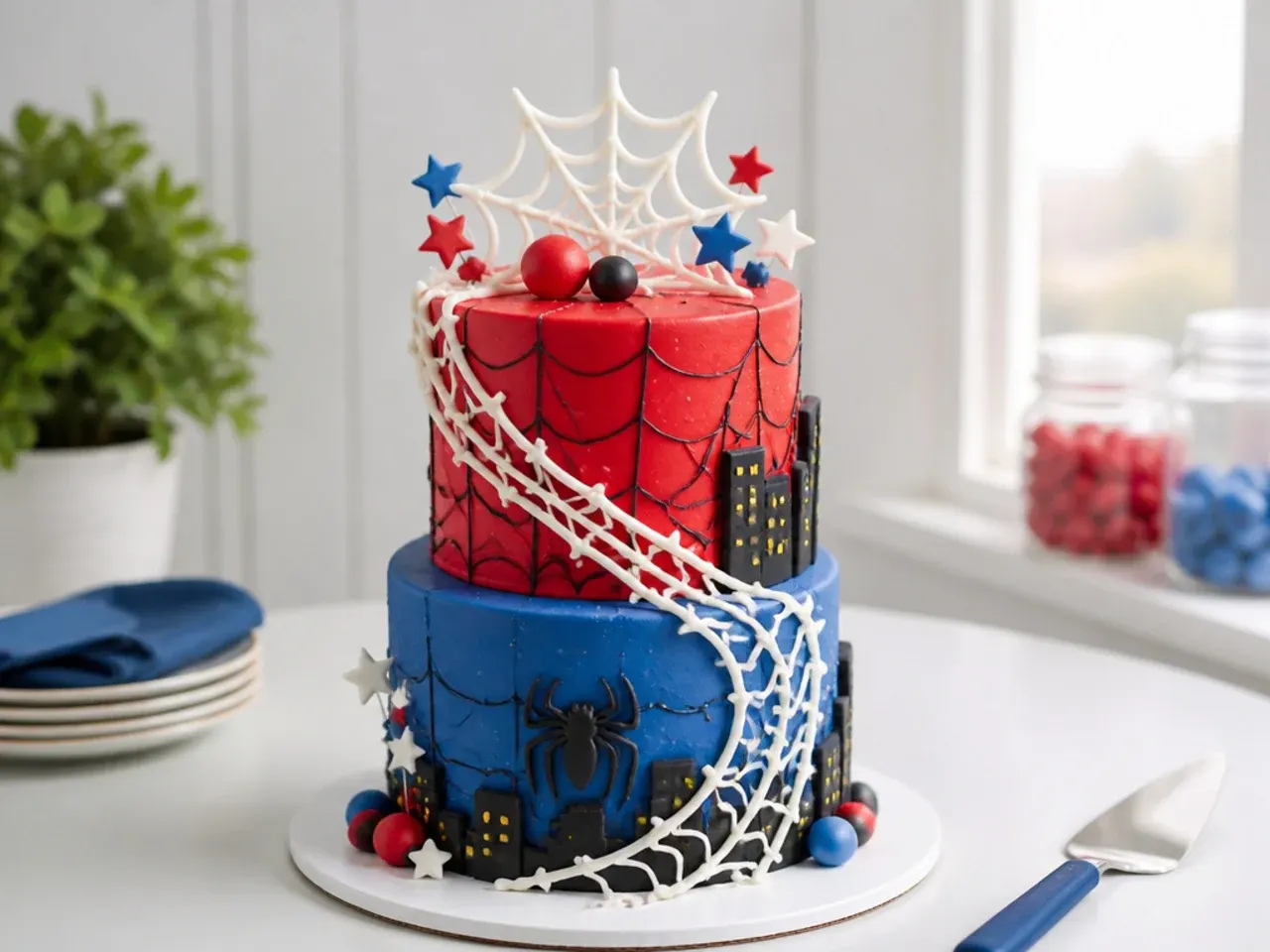 Bold tall double-height Spiderman cake for boys with a spiraling web wrapping the sides