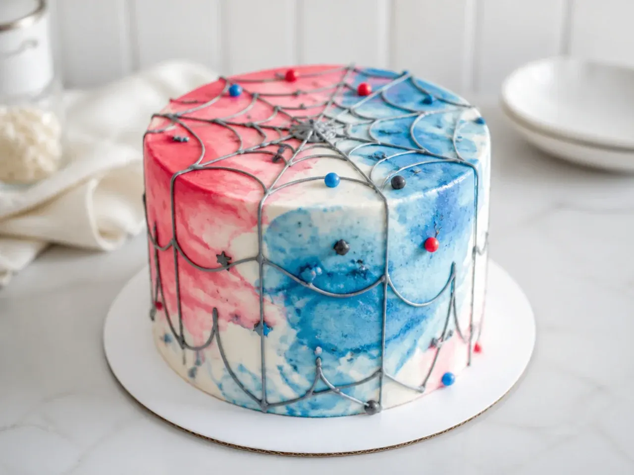 Delicate watercolor Spiderman cake for boys with blended red and blue tones and a fine grey web