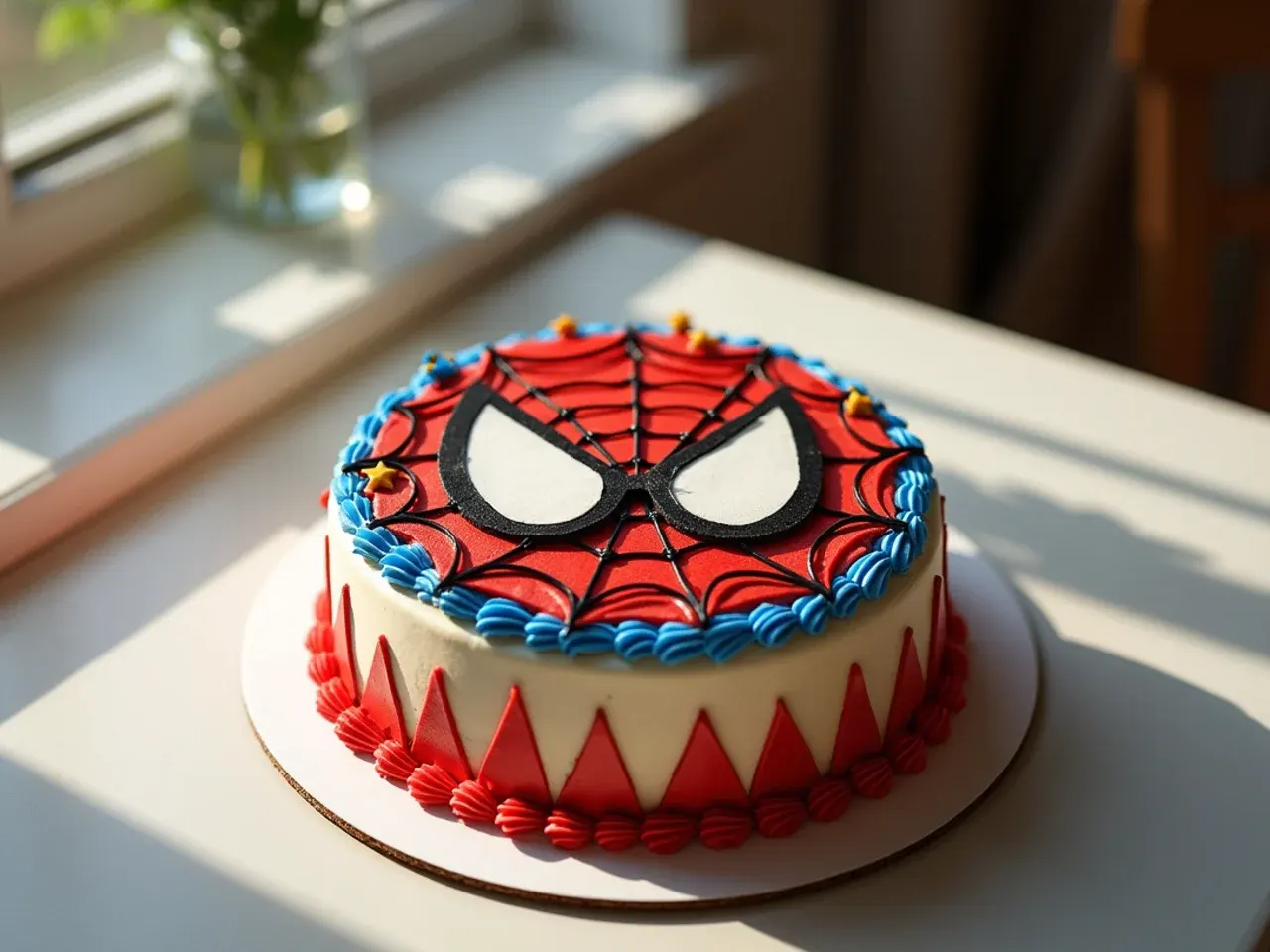 Vintage comic-print Spiderman cake for boys with a retro edible panel on cream buttercream