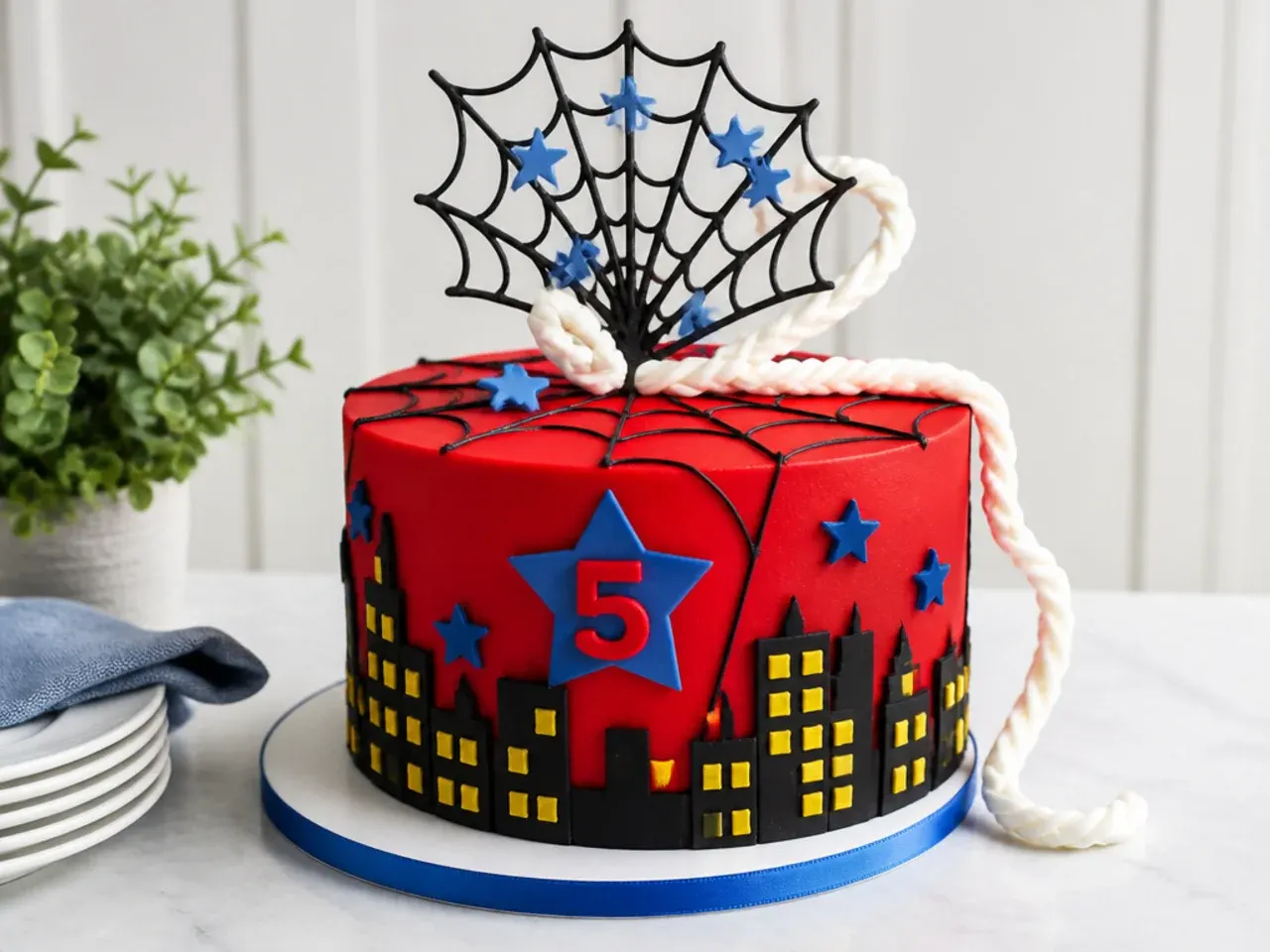 Creative Spiderman cake for boys with a web-slinging fondant strand arcing off the edge