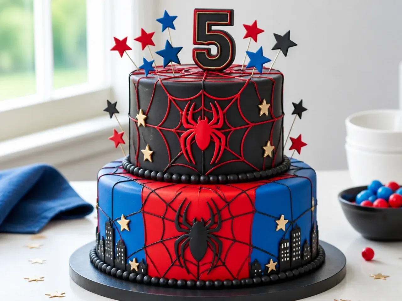 Two-tier Spider-Verse cake for boys with red-blue bottom tier and black-red top tier
