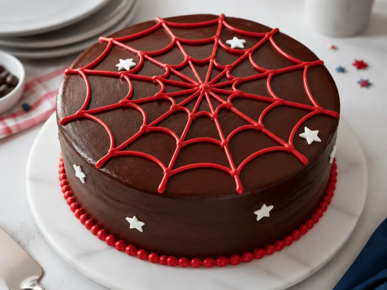 Refined dark chocolate ganache Spiderman cake for boys with a bright red piped web