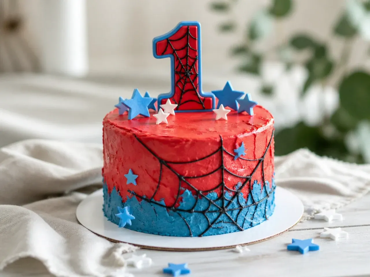 Rustic small Spiderman smash cake for boys in soft red and blue tones for a first birthday