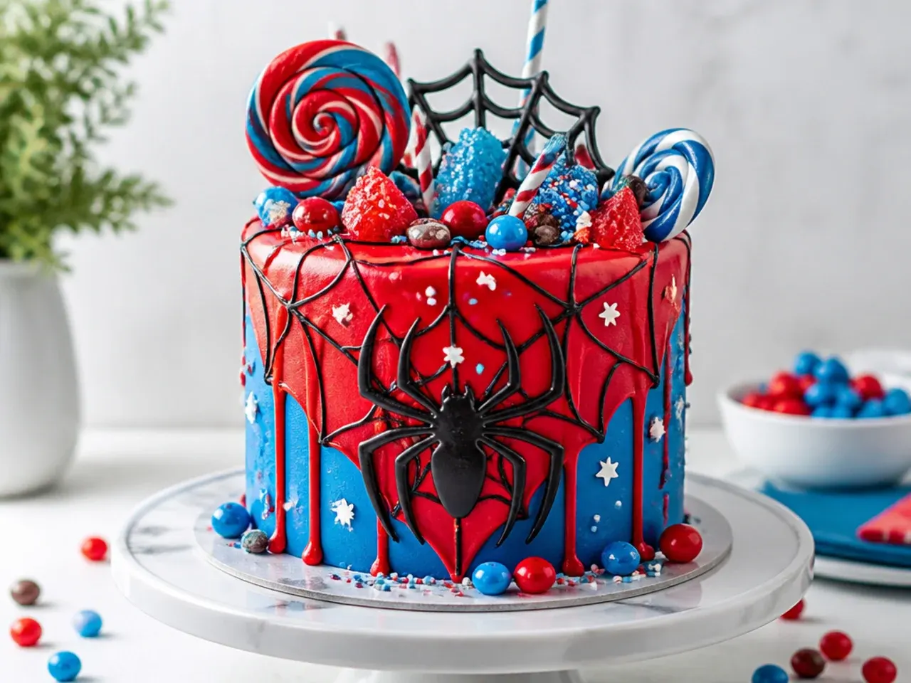 Colorful candy-loaded Spiderman drip cake for boys piled with red and blue sweets