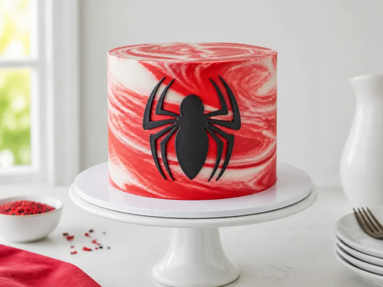 Minimal marbled red and white Spiderman cake for boys with a single fondant emblem