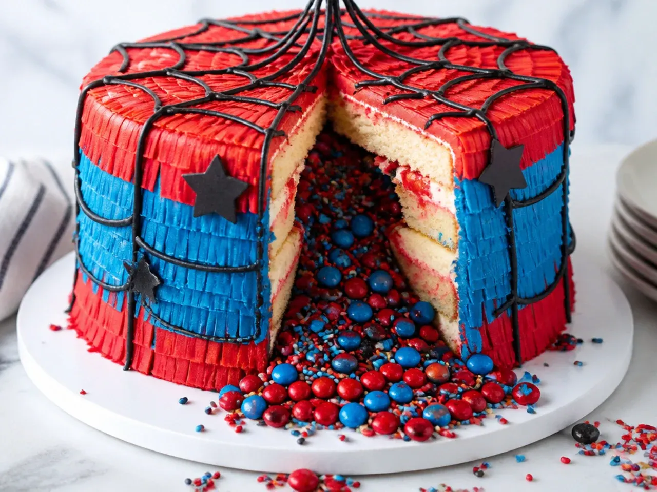 Festive piñata Spiderman cake for boys spilling red and blue sweets when cut open