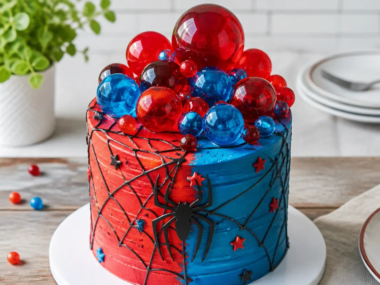 Whimsical Spiderman cake for boys topped with red and blue gelatin balloon bubbles