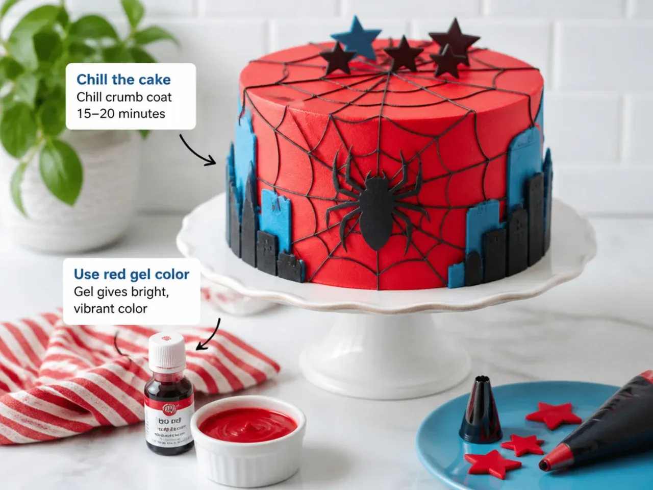 Tips for making a Spiderman cake for boys easier including chilling and red gel color