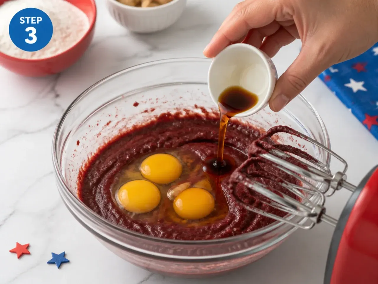 spiderman cake ideas — step 3: add the eggs and vanilla
