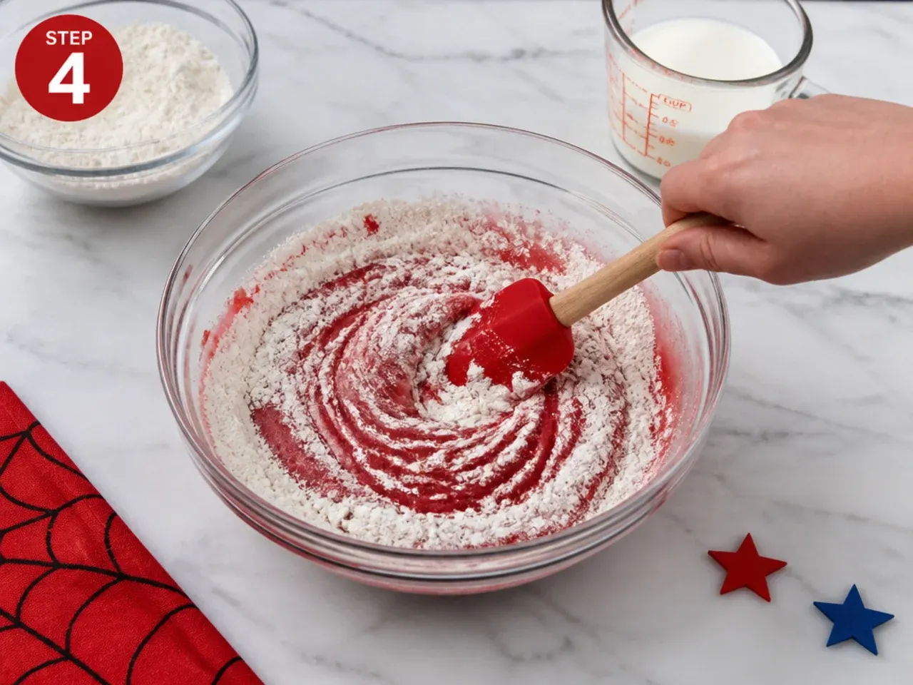spiderman cake ideas — step 4: fold in the flour and milk