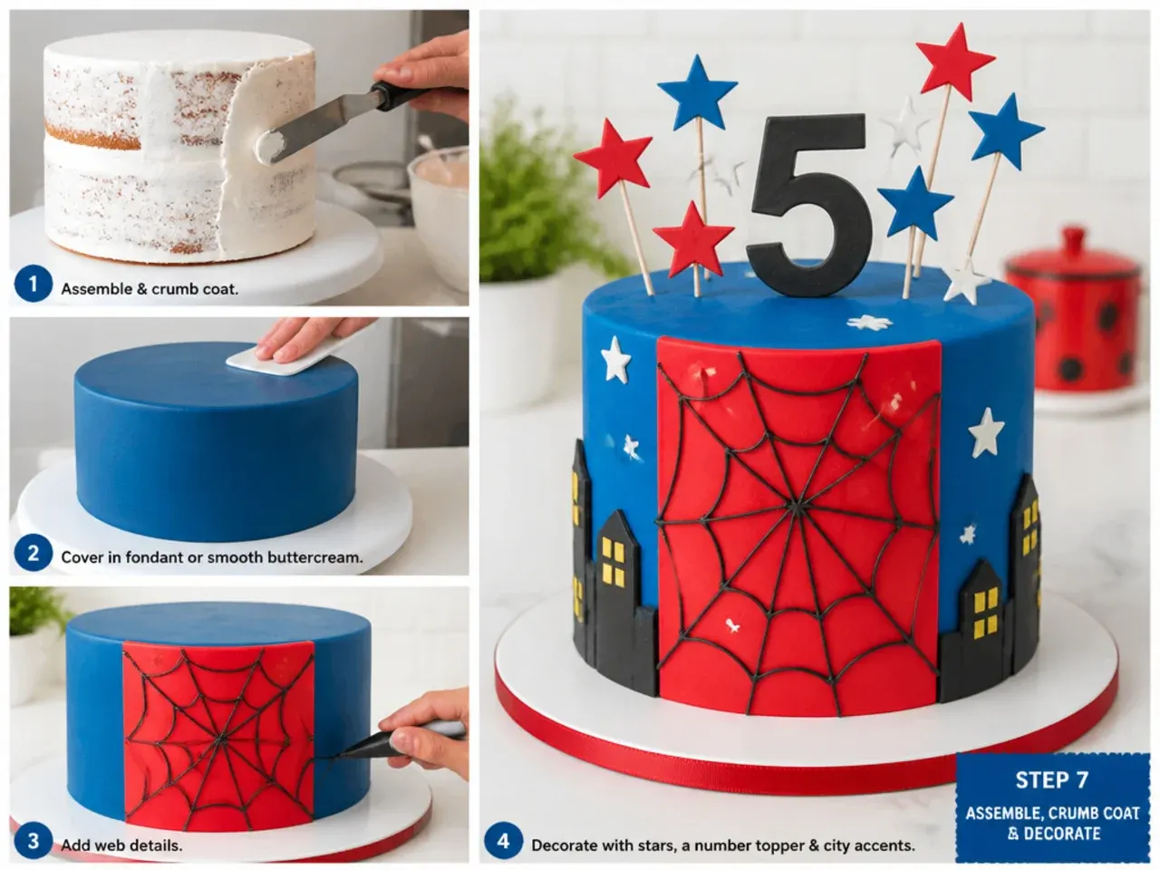 spiderman cake ideas — step 7: assemble, crumb coat and decorate