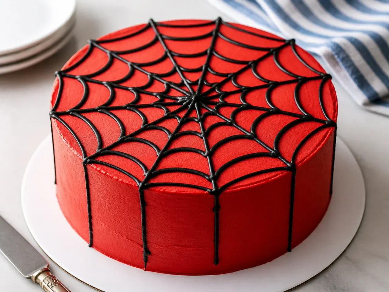 Classic red buttercream spiderman cake idea with piped black web design on top