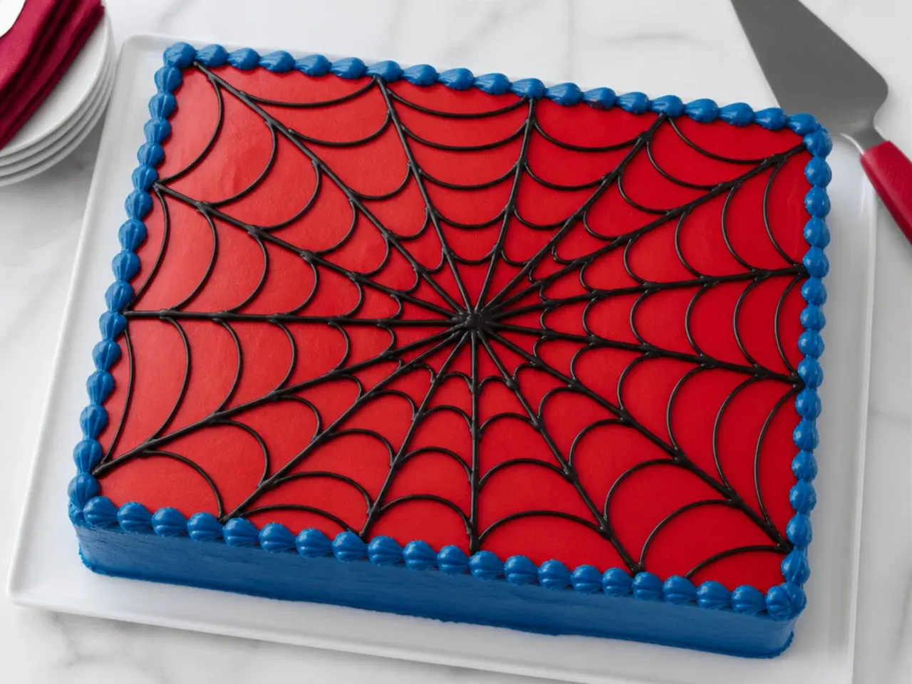 Easy spiderman sheet cake idea with skewer-dragged web pattern in black gel