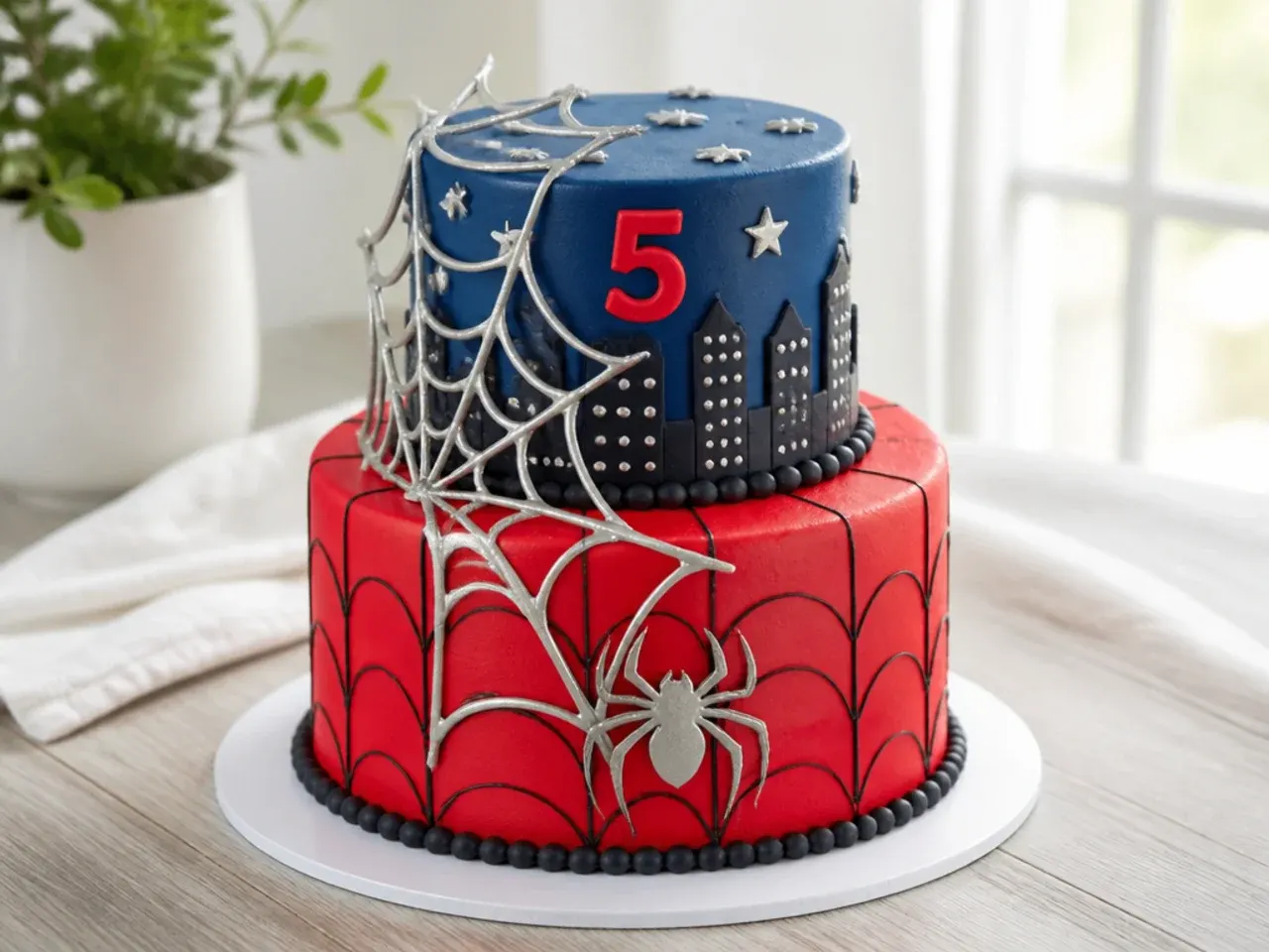 Elegant two-tier red and navy fondant spiderman cake idea with silver web accent