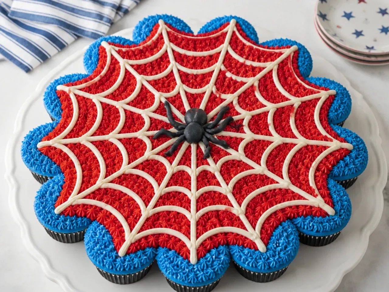 Pull-apart cupcake spiderman cake idea with one large web piped across 24 cupcakes