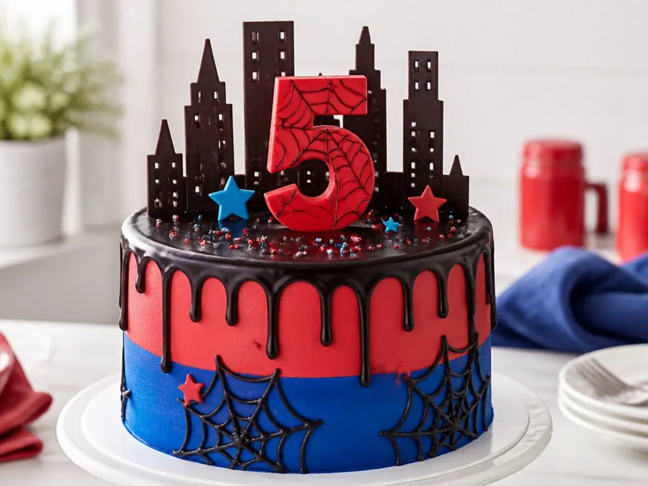 Modern spiderman drip cake idea with black ganache drips and chocolate skyline