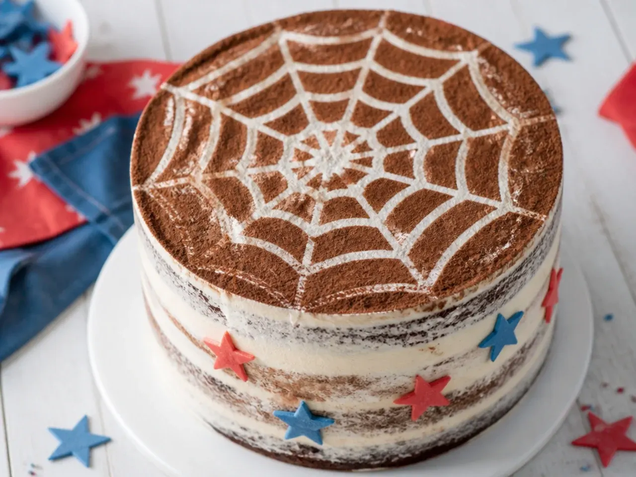 Rustic semi-naked spiderman cake idea with cocoa-dusted web stencil on top