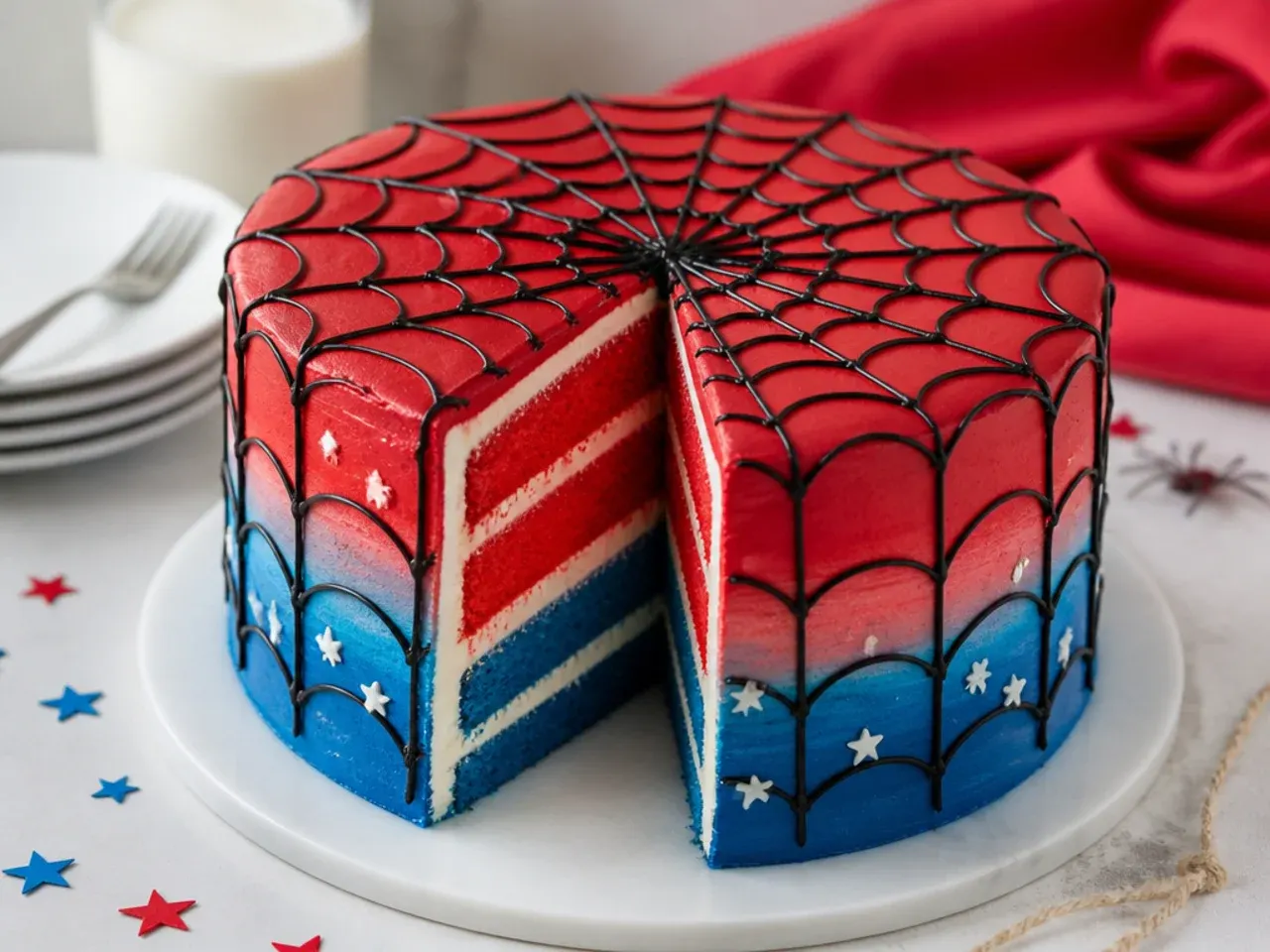 Colourful red and blue ombré spiderman cake idea with tinted sponge layers inside