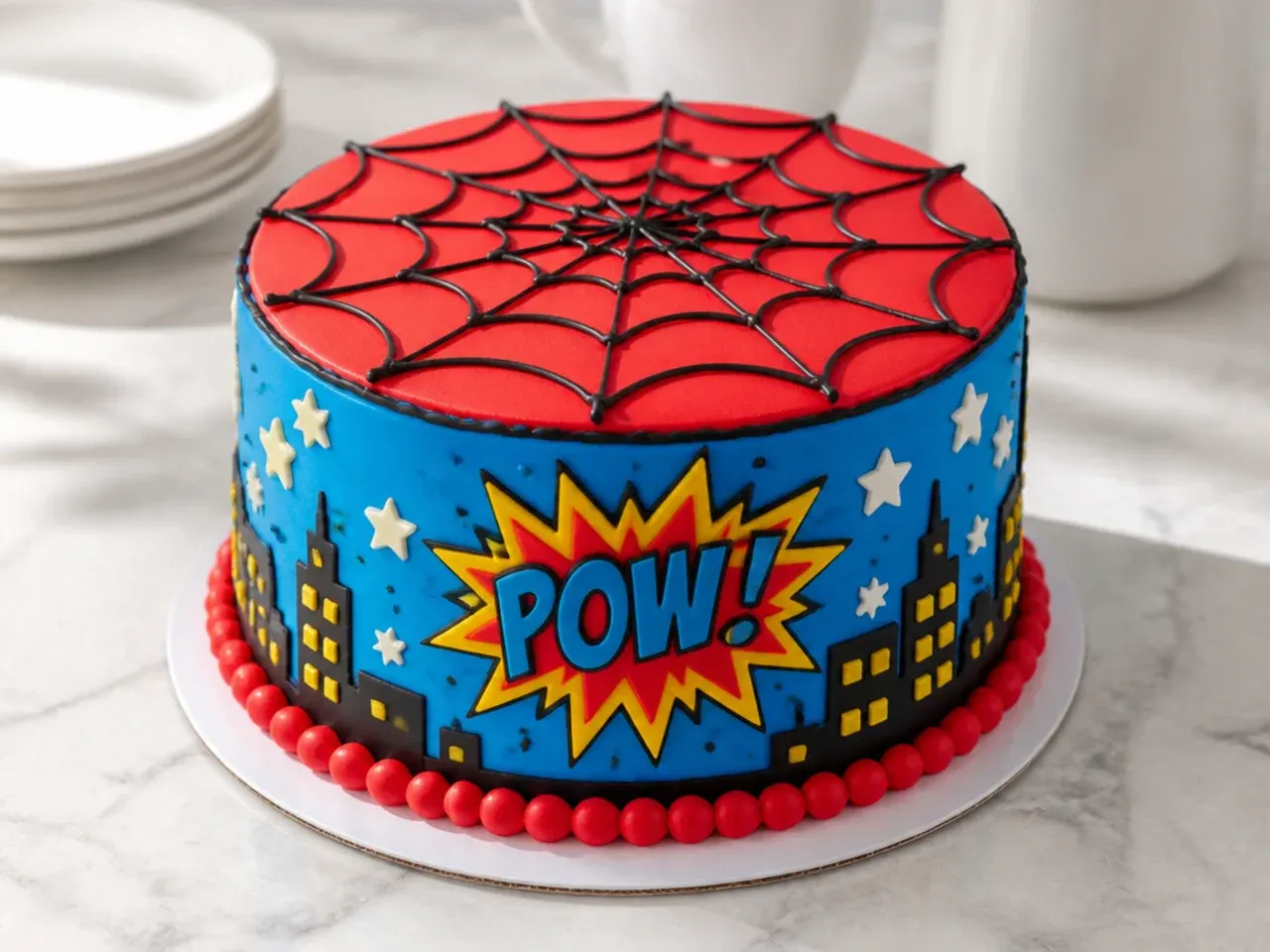 Festive comic-book style spiderman cake idea with halftone dots and POW starburst