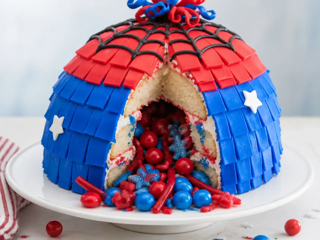 Whimsical spiderman piñata cake idea spilling red and blue sweets from the centre