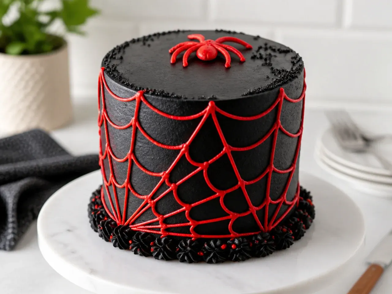 Bold black buttercream spiderman cake idea with red web wrapping the sides