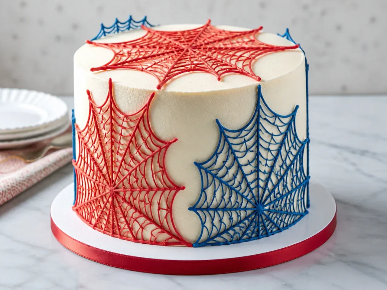 Delicate spiderman cake idea with lace-like royal icing web panels on white buttercream