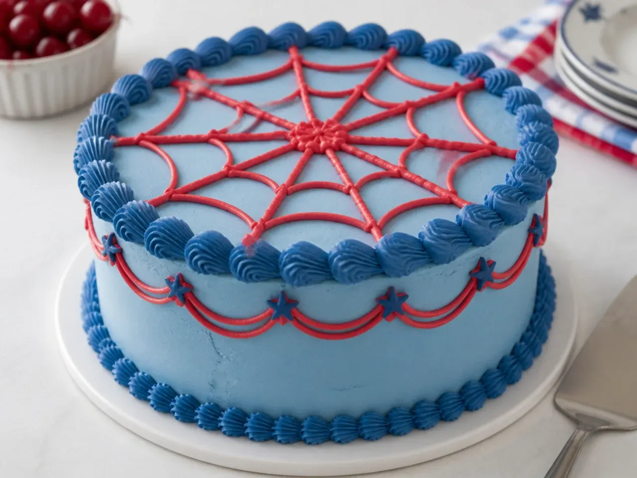 Vintage Lambeth-style spiderman cake idea with shell borders and cherry red piped web