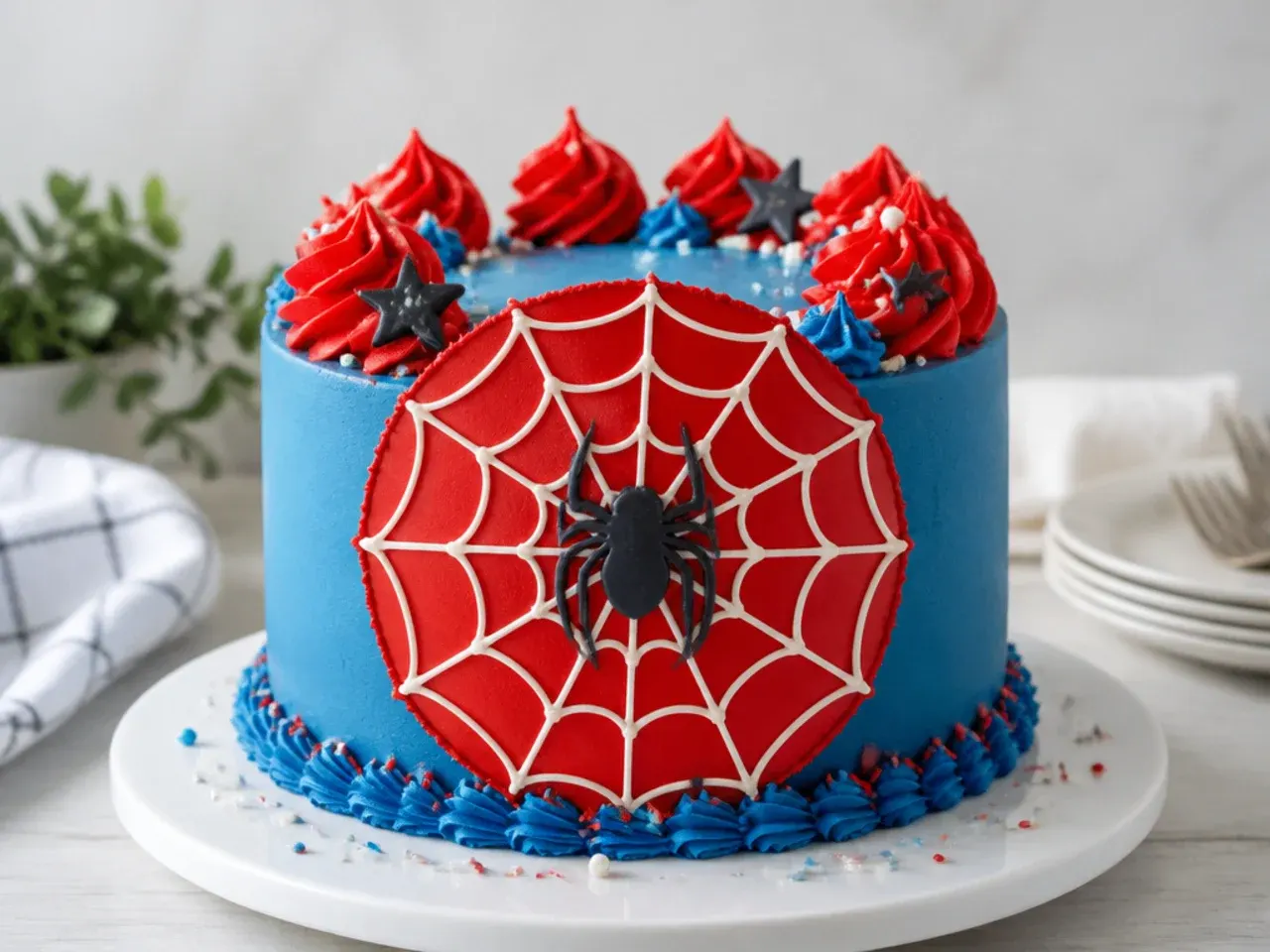 Creative spiderman cake idea using a frozen buttercream transfer web medallion