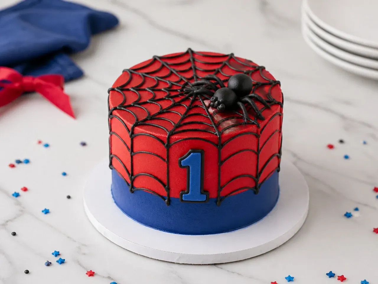 Charming mini spiderman smash cake idea with simple piped web for a first birthday