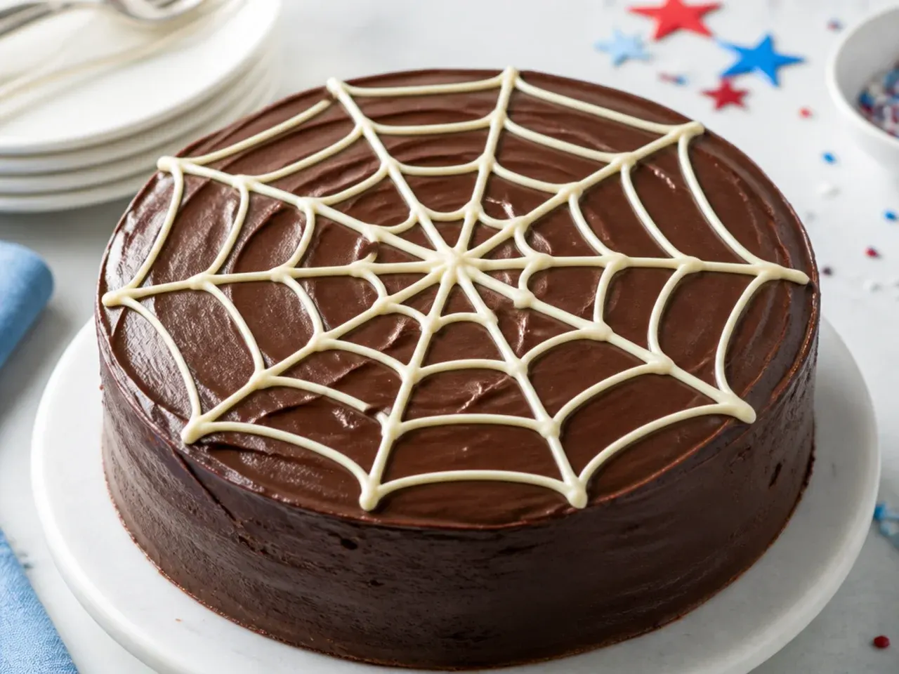 Classic chocolate fudge spiderman cake idea with white chocolate piped web