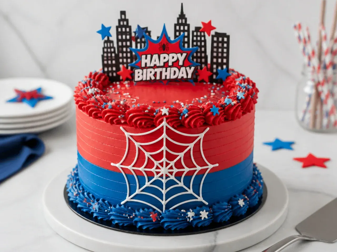 Easy spiderman birthday cake idea with rosette border, sprinkles and shop-bought topper