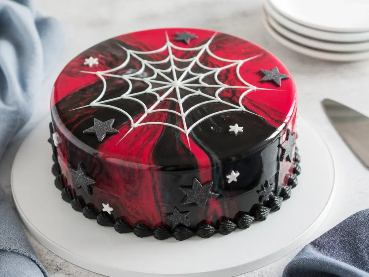 Elegant marbled red and black mirror glaze spiderman cake idea with glossy finish