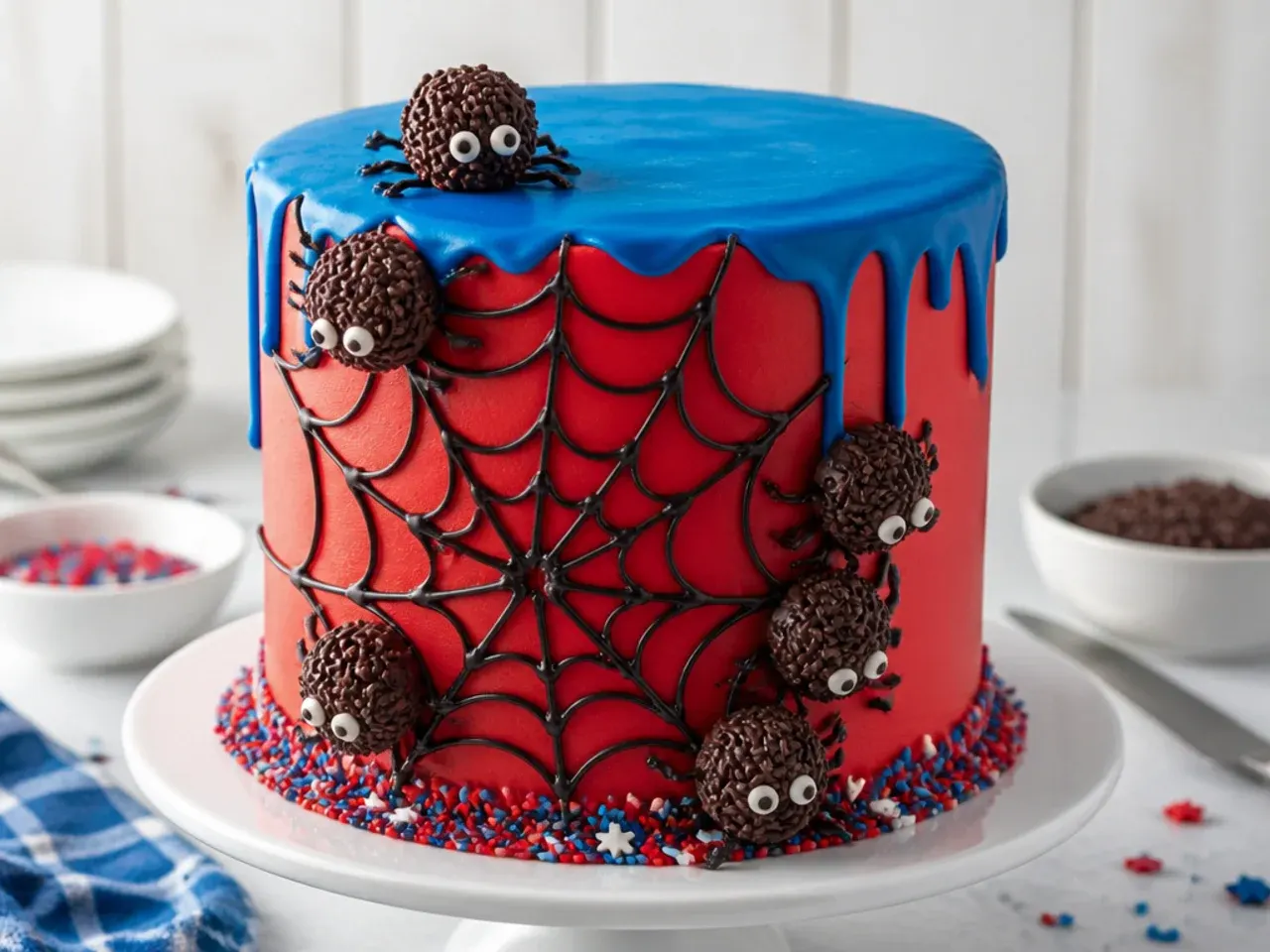 Playful spiderman cake idea with chocolate truffle spiders crawling up the sides