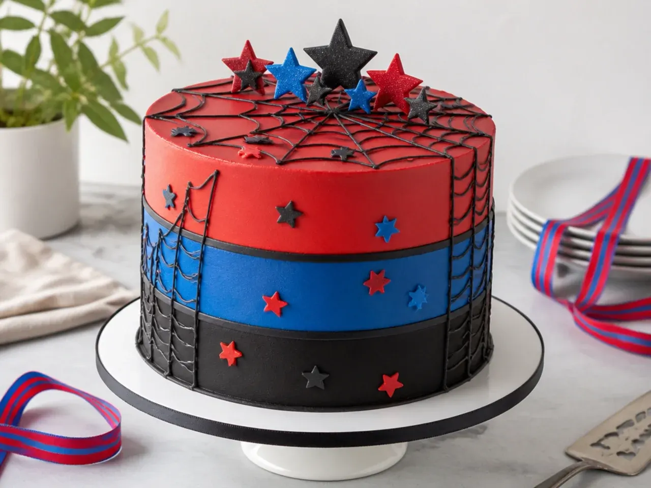Modern geometric colour-block spiderman cake idea with red blue and black bands