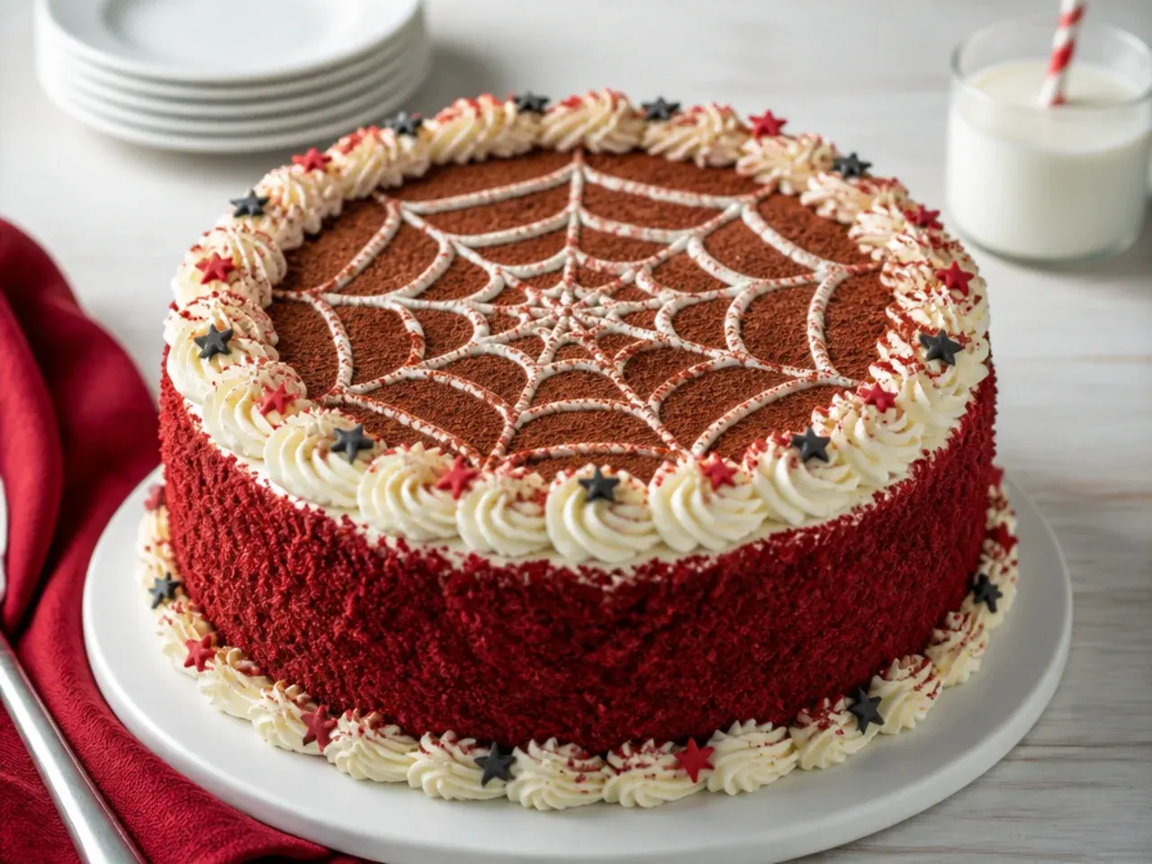 Rustic red velvet spiderman cake idea with cream cheese swirls and cocoa web stencil