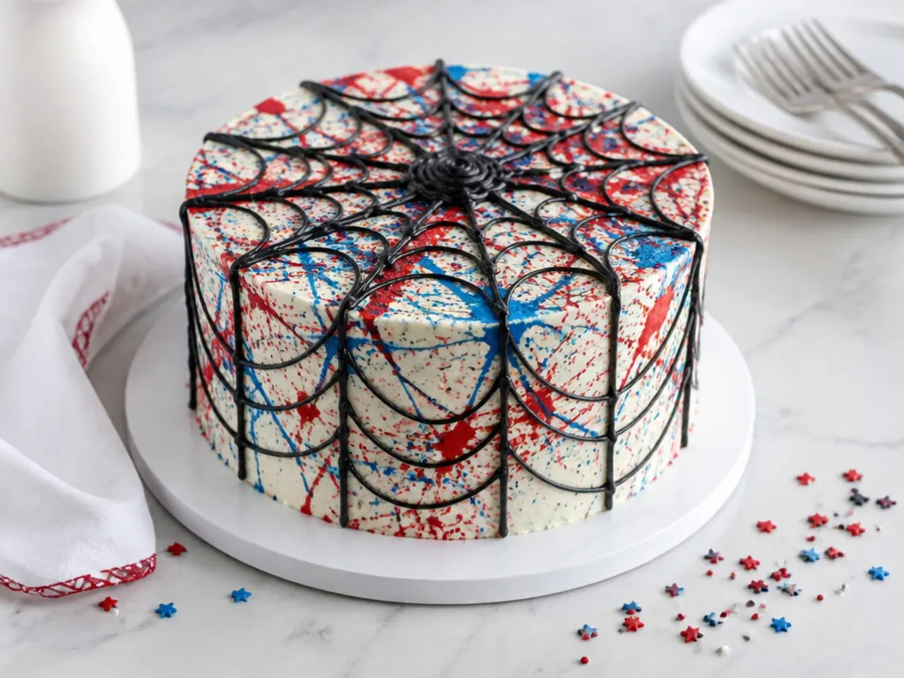 Colourful graffiti splatter spiderman cake idea with red and blue flicks and black web