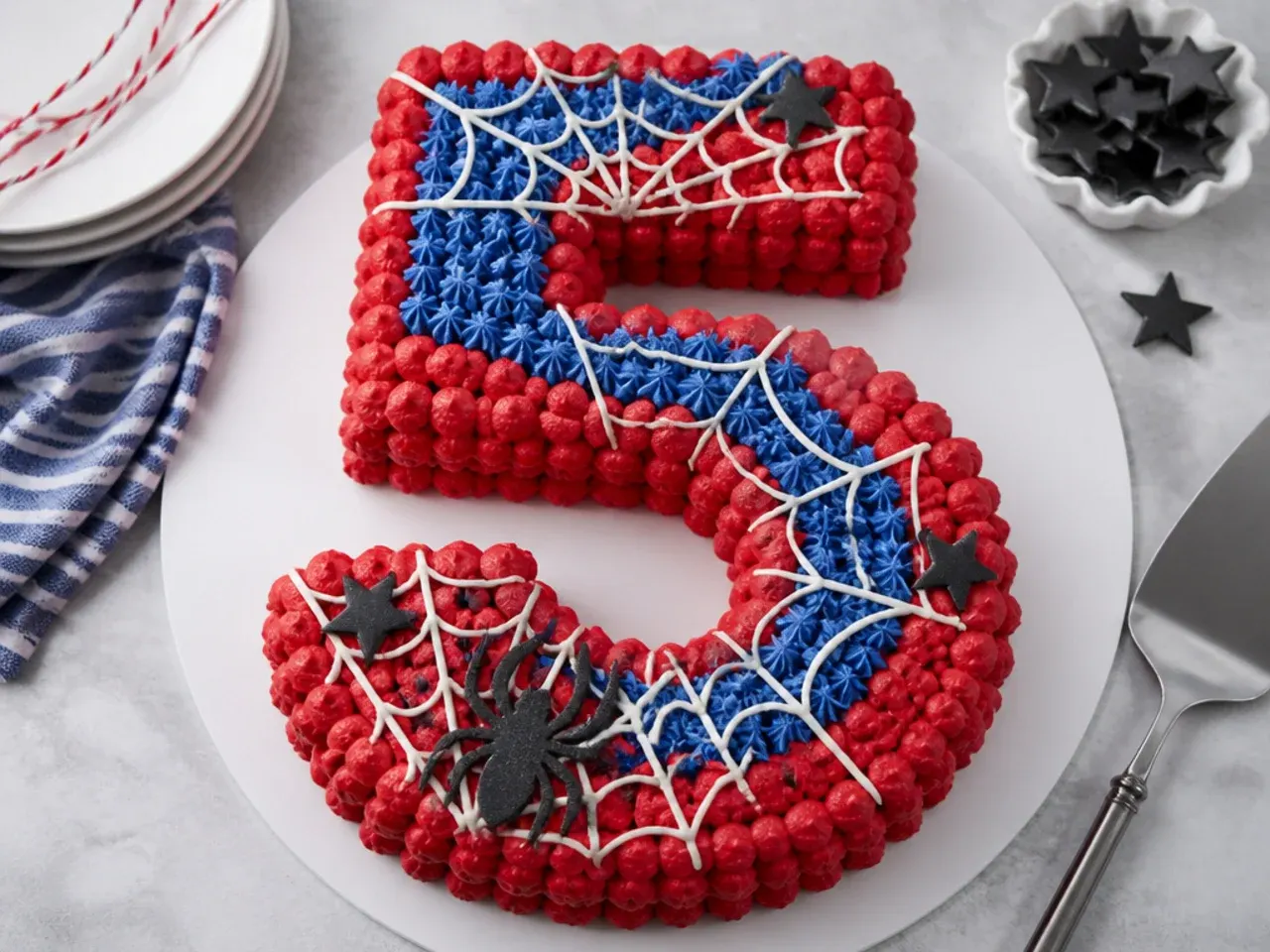 Number-shaped spiderman cake idea piped with red and blue dollops and web accents