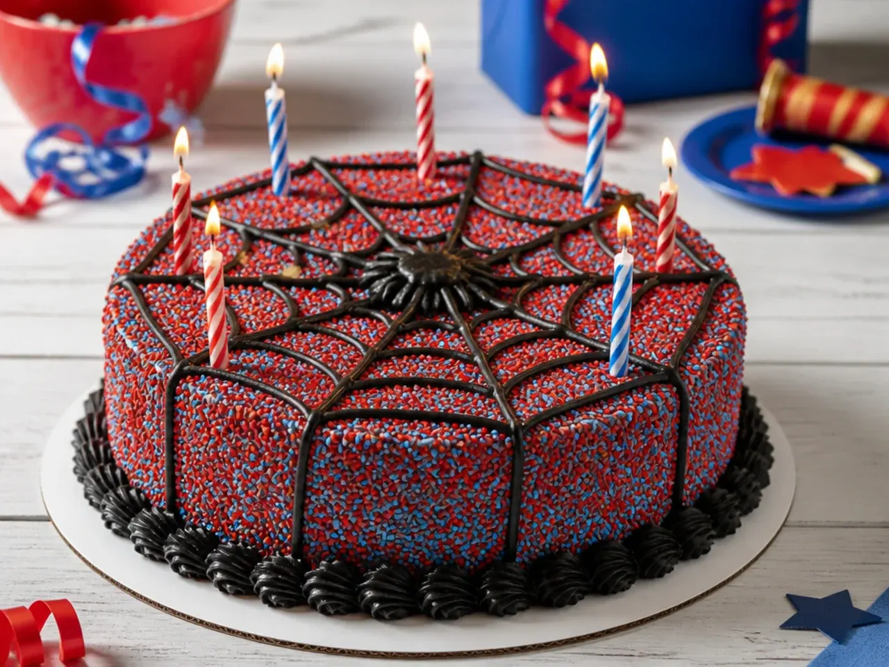 Festive sprinkle-covered spiderman cake idea with black web and party candles