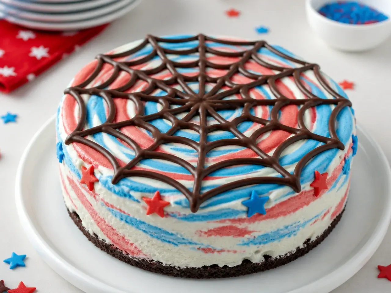 Whimsical no-churn ice cream spiderman cake idea with chocolate web on frozen swirl